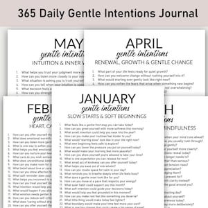 May include: A stack of white paper pages from a 365 Daily Gentle Intentions Journal. Each page features a month's name and a list of questions for reflection. The journal's title is printed at the top in black text.