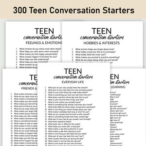 Könnte beinhalten: Eine Sammlung von Gesprächsstarterkarten für Teenager, die Themen wie Gefühle, Hobbys, Alltag und Lernen behandeln. Jede Karte hat einen Titel und eine Liste von Fragen, um Diskussionen anzuregen. Die Karten sind auf weißem Papier mit schwarzem Text gedruckt.