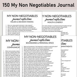 May include: A stack of white paper journals with the title "150 My Non Negotiables Journal" at the top. Each journal has a different topic, including Values & Decision-Making, Health & Energy, and Boundaries & Personal Space. The journals are printed with black text.