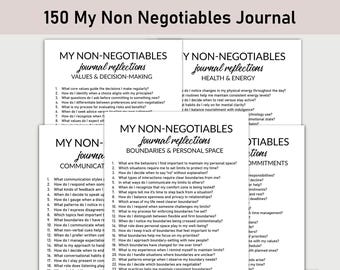 Op de afbeelding: Een stapel witte papieren tijdschriften met de titel "150 My Non Negotiables Journal". Elk tijdschrift behandelt een ander onderwerp, waaronder Waarden & Besluitvorming, Gezondheid & Energie en Grenzen & Persoonlijke Ruimte. De tijdschriften zijn bedrukt met zwarte tekst.