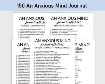 Könnte beinhalten: Eine Reihe weißer Papierjournale mit dem Titel "An Anxious Mind Journal". Die Journale, mit schwarzem Text, bieten Anregungen zur Selbstreflexion, die Themen wie Selbstberuhigung, Rituale und das Verständnis von Angst abdecken.