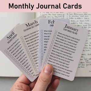 Tarjetas de diario mensuales, imprimibles de diario, tarjetas de planificación, paquete de tarjetas de diario, crecimiento personal, reflexiones anuales, diario mensual guiado