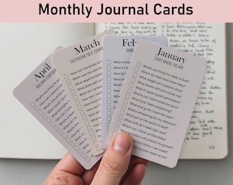 Monthly Journal Cards, Journal Printable, Planner Cards, Journaling Card Bundle, Personal Growth, Year Reflections, Guided Month Journaling