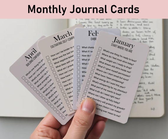 Monthly Journal Cards, Journal Printable, Planner Cards, Journaling Card Bundle, Personal Growth, Year Reflections, Guided Month Journaling
