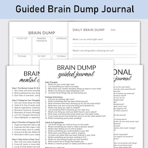 May include: A stack of white paper pages with the text "Guided Brain Dump Journal" at the top. The journal pages include prompts for daily thoughts, feelings, and organization, designed for mental clarity and reflection.
