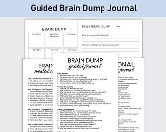 Puede incluir: Un conjunto de páginas de papel blanco con el texto "Guided Brain Dump Journal" en la parte superior. Las páginas del diario incluyen indicaciones para los pensamientos diarios, los sentimientos y la organización, diseñadas para la claridad mental y la reflexión.