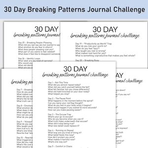 May include: A stack of white paper sheets with the text "30 Day Breaking Patterns Journal Challenge" in a handwritten font. Each sheet contains prompts for self-reflection, encouraging personal growth and breaking negative patterns.