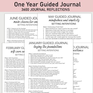 Może przedstawiać: Zbliżenie na drukowany dziennik w czarno-białym wzorze. Dziennik nosi tytuł "One Year Guided Journal" i zawiera tekst "3600 Journal Reflections". Dziennik jest podzielony na 12 sekcji, po jednej na każdy miesiąc roku. Każda sekcja zawiera tytuł, temat i listę pytań do refleksji.