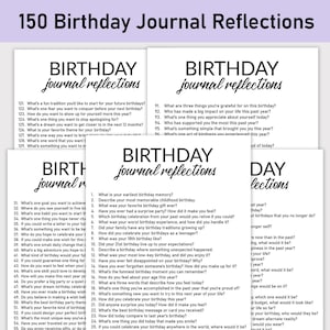 May include: A printable set of black and white journal prompts for reflecting on birthdays. The prompts are organized into three sections: "Birthday Journal Reflections", "Birthday Journal Reflections", and "Birthday Reflections".