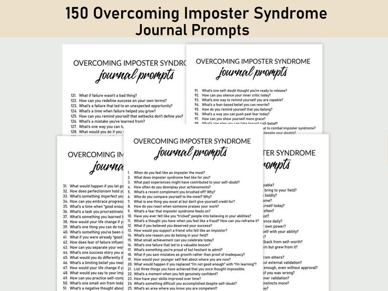 May include: A set of four black and white printable journal pages with the title "Overcoming Imposter Syndrome Journal Prompts". The pages contain a list of prompts to help overcome imposter syndrome.