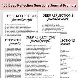 Op de afbeelding: Een printbaar werkblad met 150 diepgaande reflectie-journal prompts voor zelfontdekking en persoonlijke groei. Het werkblad is verdeeld in drie secties, elk met een ander thema: innerlijke rust, emotioneel welzijn en creativiteit.