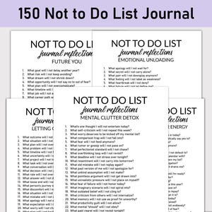 以下が含まれることがあります： 「NOT TO DO LIST」の文字と「ジャーナルリフレクション」や「メンタルクラッターデトックス」などのサブタイトルが書かれた白い紙のジャーナルのコレクション。各ページには、自己反省のための質問リストが記載されています。