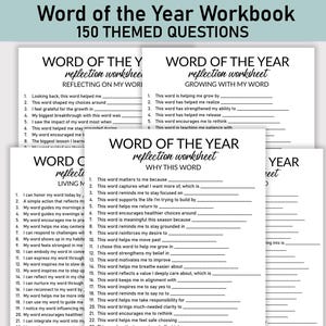 Peut inclure: Plusieurs cahiers blancs intitulés "Word of the Year Workbook" et "150 THEMED QUESTIONS". Chaque cahier propose une feuille de réflexion différente, avec des questions pour réfléchir à un mot choisi.