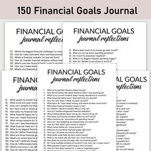 May include: A printable financial goals journal with 150 prompts to help you reflect on your financial journey. The journal is divided into three sections: financial goals, journal reflections, and financial reflections.