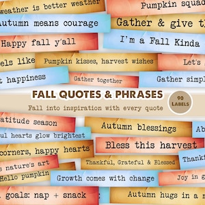 May include: A collection of colorful rectangular labels with fall-themed quotes and phrases. The labels are in shades of orange, red, and blue, with phrases like "Autumn blessings" and "Happy fall y'all". The image is a collage of fall-themed sentiments.