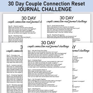 May include: A stack of white paper journals with black text, titled "30 Day Couple Connection Reset Journal Challenge." Each page features prompts for couples to reflect on their relationship, fostering communication and connection.