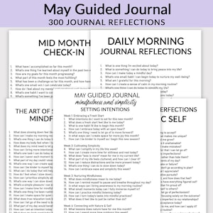 Può includere: Un diario stampabile con un design in bianco e nero. Il diario è intitolato "May Guided Journal" e presenta il testo "300 Journal Reflections". Il diario è diviso in sezioni intitolate "Mid Month Check-In", "Daily Morning Journal Reflections", "The Art of Mindfulness", "May Guided Journal Mindfulness and Simplicity Setting Intentions", e "Perfection's to Self".