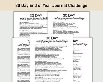 May include: A stack of white paper journal pages with prompts for a 30-day end-of-year challenge. The title "30 Day End of Year Journal Challenge" is at the top. Each page has questions to encourage reflection and self-assessment.