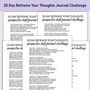 May include: A stack of white paper sheets with the text "30 Day Reframe Your Thoughts Journal Challenge" and "perspective shift journal challenge". Each sheet contains daily prompts for self-reflection and personal growth.