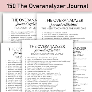 May include: A stack of white paper journals with black text. The journals are titled "The Overanalyzer Journal" and feature prompts for self-reflection. The journals are designed to help with self-analysis and understanding. The journals are on a light pink background.