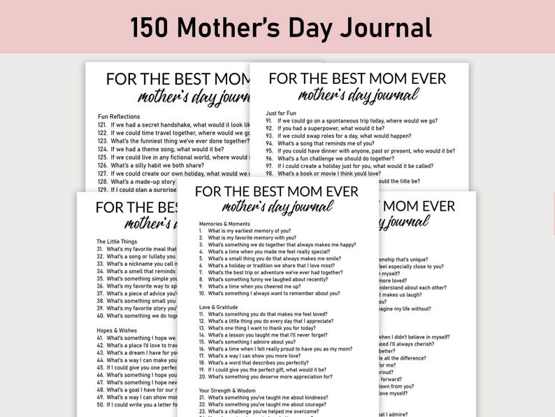 Puede incluir: Un diario imprimible para el D&iacute;a de la Madre con indicaciones para reflexiones divertidas, recuerdos y momentos, amor y gratitud, fuerza y sabidur&iacute;a. El diario est&aacute; dise&ntilde;ado para que una madre y un hijo lo completen juntos.