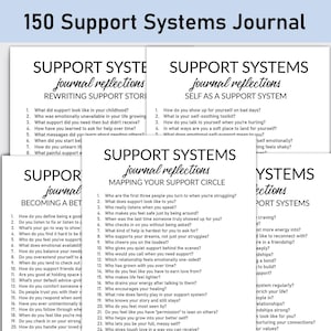 May include: A stack of white paper journals with black text. The journals are titled "150 Support Systems Journal" and feature prompts for self-reflection. The prompts cover topics like rewriting support stories, self-care, and mapping your support circle.