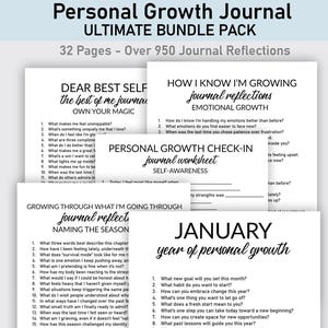 May include: A collection of personal growth journal pages with prompts for self-reflection. The pages include titles such as "Dear Best Self" and "January Year of Personal Growth." The text is in black on a white background.