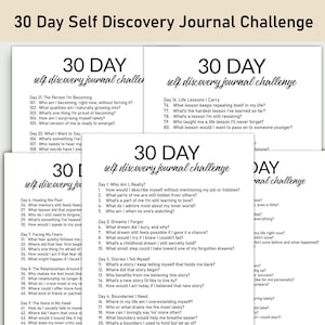 Könnte beinhalten: Ein Stapel weißer Papierseiten mit dem Text "30 Day Self Discovery Journal Challenge" in Schwarz. Jede Seite enthält eine Liste von Fragen zur Selbstreflexion. Das Journal soll das persönliche Wachstum und die Selbstwahrnehmung fördern.
