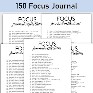 Può includere: Un diario stampabile con 150 suggerimenti per aiutarti a concentrarti e migliorare la tua chiarezza mentale. Le pagine del diario sono in bianco e nero con il testo "FOCUS journal reflections" in cima a ogni pagina.