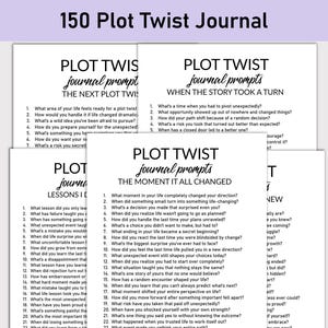 Pode incluir: Uma pilha de diários de papel branco com sugestões para a autorreflexão. Os diários são intitulados "150 Plot Twist Journal" e apresentam sugestões sobre mudanças de vida, lições e eventos inesperados. O texto está em uma fonte de estilo manuscrito.