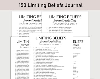 Puede incluir: Una pila de diarios de papel blanco con el título "150 Limiting Beliefs Journal". Cada diario tiene un subtítulo diferente, como "Crecimiento, Cambio y Poder" y "Miedo, Control y Seguridad".