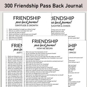 May include: A stack of friendship journals with prompts for reflection. Each journal cover features the words "Friendship Pass Back Journal" with different themes like "Gratitude & Growth" and "Laughter & Chaos". The journals are white with black text.