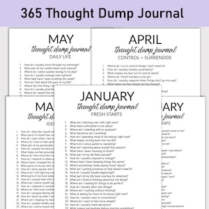 Könnte beinhalten: Ein 365 Thought Dump Journal mit Anregungen zur Selbstreflexion. Die Journal-Seiten sind nach Monaten geordnet, mit Abschnitten wie "Alltagsleben", "Kontrolle + Hingabe" und "Neuanfänge". Jede Seite enthält Fragen zur Selbstbeobachtung.