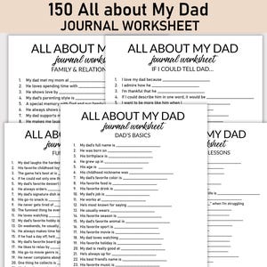 Könnte beinhalten: Ein Stapel weißer Journal-Arbeitsblätter mit Ausfüllaufforderungen über einen Vater. Die Arbeitsblätter tragen den Titel "150 All about My Dad Journal Worksheet" und umfassen Abschnitte zu Familie, Grundlagen und Lektionen.
