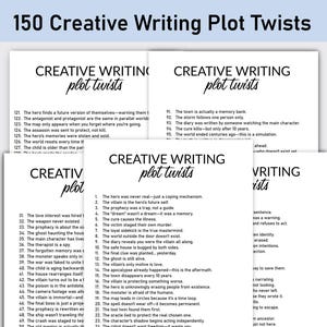Könnte beinhalten: Ein schwarz-weißes druckbares Arbeitsblatt mit dem Titel "150 Creative Writing Plot Twists". Das Arbeitsblatt ist in drei Abschnitte unterteilt, jeder mit einer Liste von Plot-Twists für Autoren.