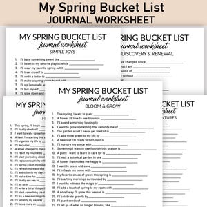 Op de afbeelding: Een stapel witte journaalwerkbladen met de tekst "My Spring Bucket List" in een zwart, elegant lettertype. De werkbladen zijn ontworpen voor journaling met een lentethema, met prompts voor eenvoudige vreugden, ontdekking en groei.