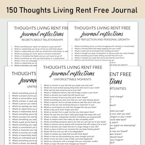 Może przedstawiać: Drukowany dziennik zatytułowany "150 Thoughts Living Rent Free Journal" z podpowiedziami do refleksji nad sobą i rozwoju osobistego. Dziennik jest podzielony na cztery sekcje: Regrets About Relationships, Self-Reflection and Personal Growth, Unforgettable Moments i Lost Opportunities.