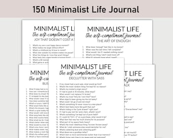 May include: A stack of white paper journals with black text. Each journal has a different title, including "Minimalist Life" and prompts for self-reflection. The journals are designed for self-compliment and decluttering.
