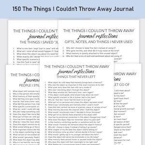 Könnte beinhalten: Ein Set aus weißen Journal-Reflektionsseiten mit schwarzem Text, betitelt 150 The Things I Couldn't Throw Away Journal. Die Seiten enthalten nummerierte Fragenlisten zu Themen wie Geschenken, Notizen, ungenutzten Dingen und Personen.
