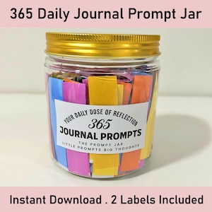 365 Daily Journal Prompt Jar, Printable Journal Prompts, Self Care, Mental Health, Reflections, DIY Gift, Gratitude, Mindfulness, Wellness