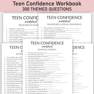 May include: A stack of white Teen Confidence Workbooks with 300 themed questions. The workbooks have black text on the cover and inside pages. The titles include "Believing in Yourself", "Friendships & Social Confidence", and "Knowing Yourself".