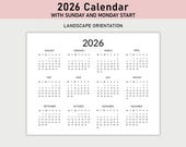 2026 Yearly Calendar Printable, Minimalist 2026 Calendar, Landscape, Horizontal, Year at a Glance, Sunday and Monday Start, Digital Download
