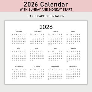 May include: A 2026 calendar with a landscape orientation. The calendar is white with black text, displaying the months from January to December. Each month shows the days of the week, starting with Sunday and Monday.