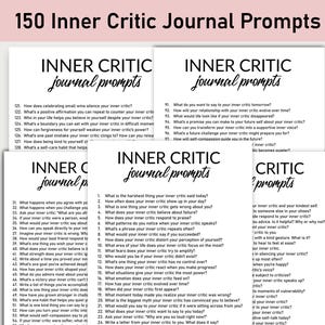 May include: A set of four black and white printable journal pages with the text "Inner Critic Journal Prompts" and 150 different prompts to help you understand and manage your inner critic.