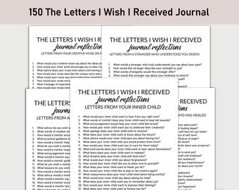 May include: A stack of white journal pages with black text. The journals have prompts for self-reflection, including prompts about creative muses, inner children, and healing. The text on the top reads "150 The Letters I Wish I Received Journal."