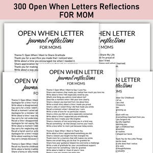 Peut inclure: Une pile de feuilles de papier blanches avec du texte noir, intitulée "300 Open When Letters Reflections FOR MOM" et "OPEN WHEN LETTER journal reflections FOR MOMS". Les pages listent des invites pour les lettres.