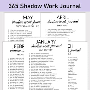 May include: A printable journal with a black and white design. The journal is titled "365 Shadow Work Journal" and includes prompts for self-reflection on topics such as success and failure, emotions, self-identity, and fear.