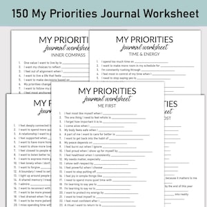 Foglio di lavoro stampabile sulle mie priorità, diario stampabile, domande a risposta multipla, quaderno di lavoro per il diario delle priorità di vita, cura di sé, obiettivi