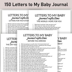 May include: A stack of white journal pages with the title "150 Letters to My Baby Journal" at the top. Each page features prompts for reflection, such as "Letters for the Future" and "Before You Arrived." The pages are designed for parents.