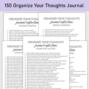 Puede incluir: Un conjunto de páginas de diario con indicaciones para la autorreflexión y la organización del pensamiento. Las páginas presentan títulos como "Thought Detox", "Mental Mapping" y "Clear the Clutter", con preguntas numeradas.